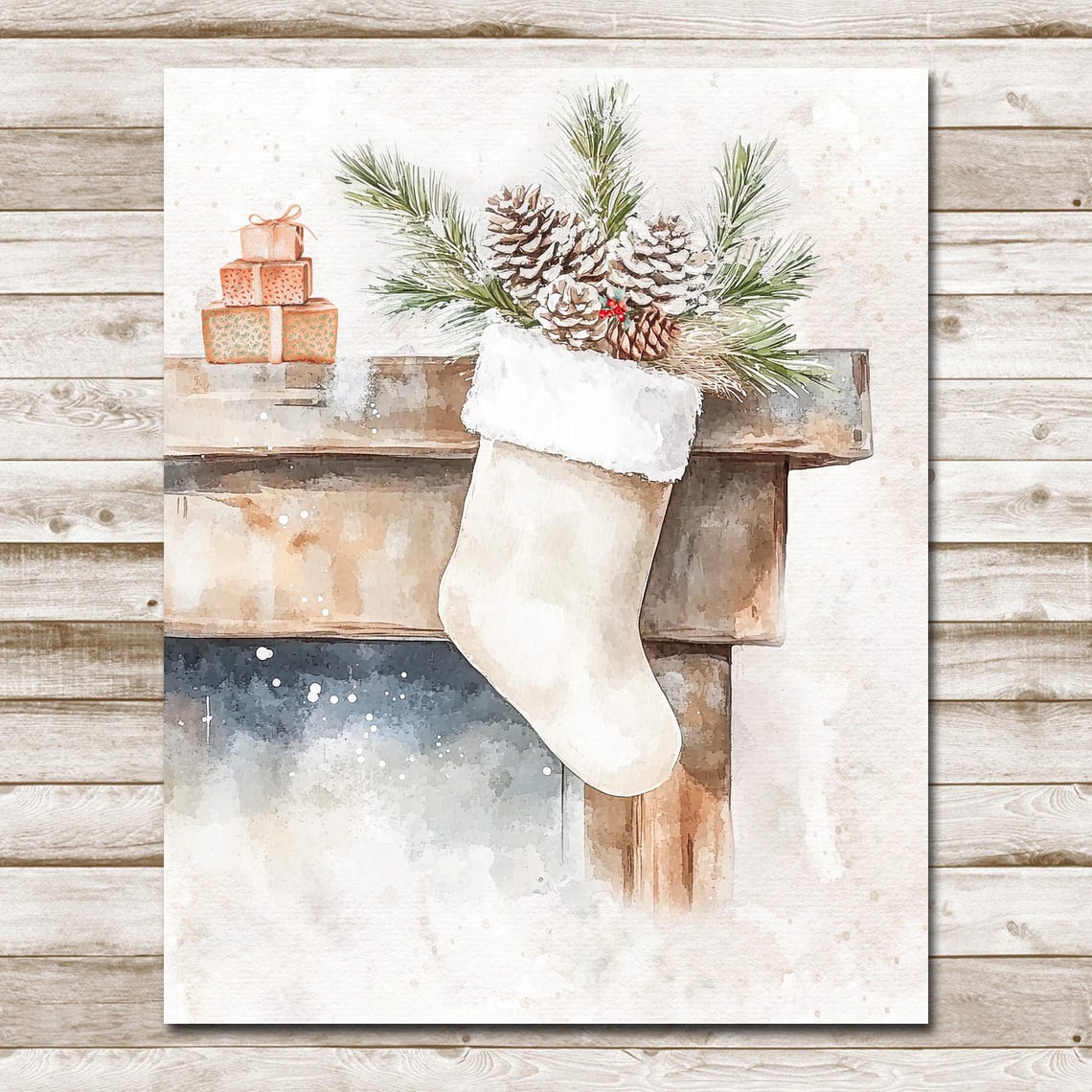 Farmhouse Christmas Stocking Mantel Pinecones Watercolor Poster - Image 4