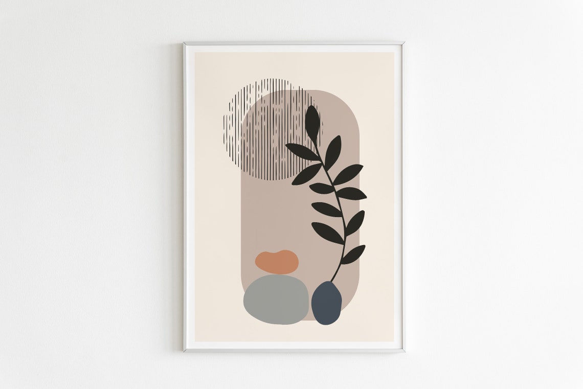 Abstract Botanical Arch Black Leaves Pebbles Beige Neutral Poster