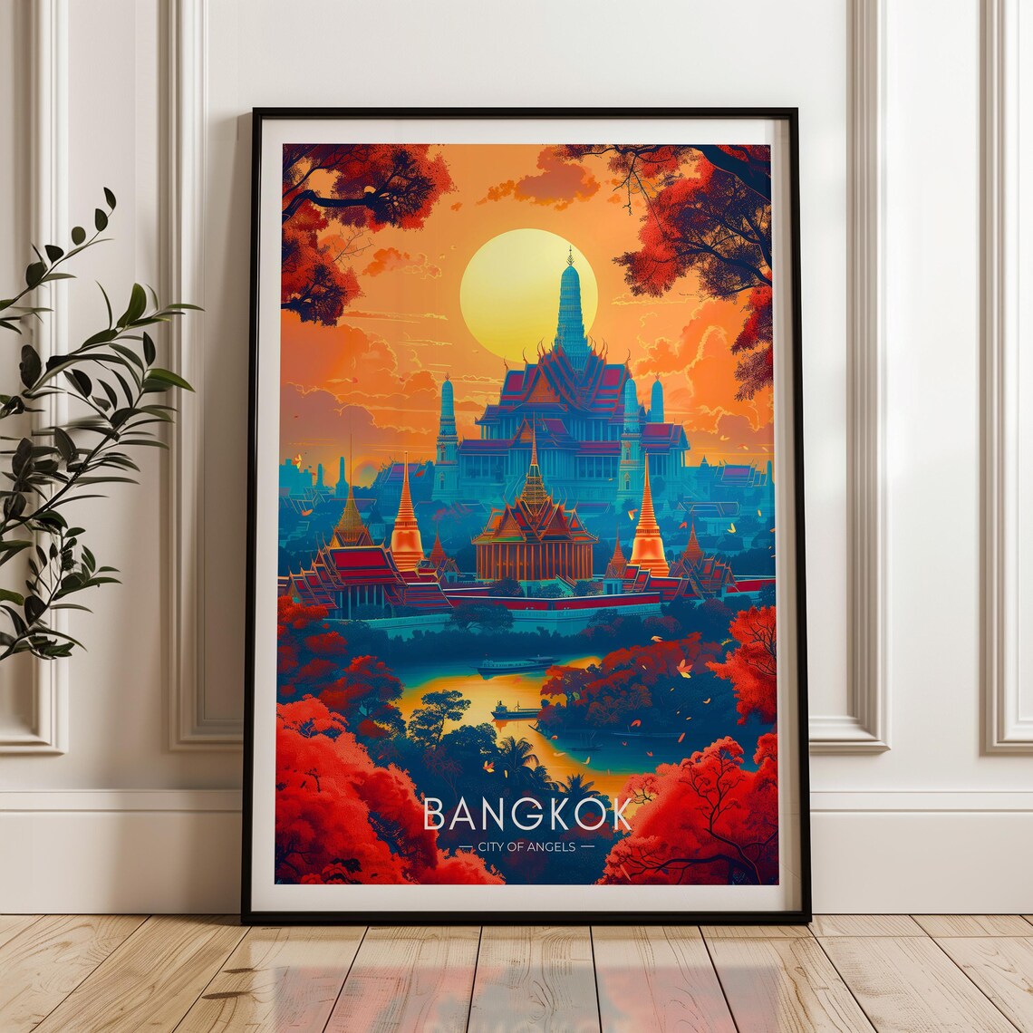 Bangkok Thailand Grand Palace Sunset Riverside Travel Poster