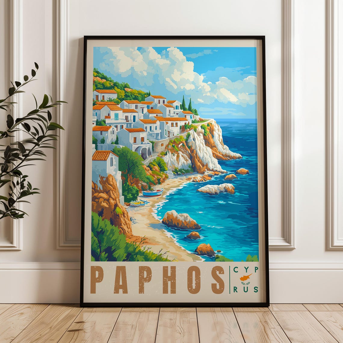Paphos Cyprus Cliffside Whitewashed Village Rocky Coast Poster