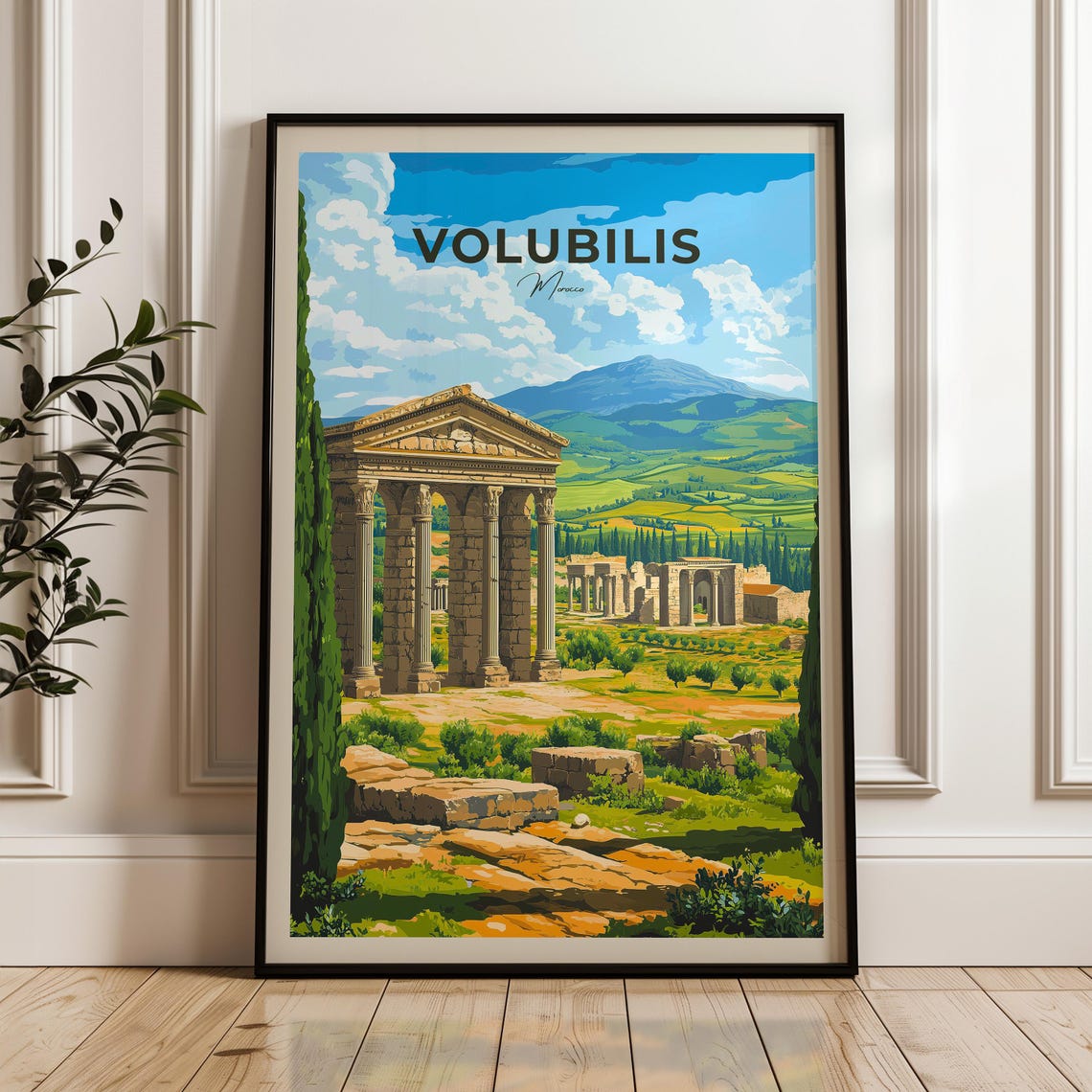 Volubilis Morocco Roman Temple Columns Ruins Vintage Travel Poster