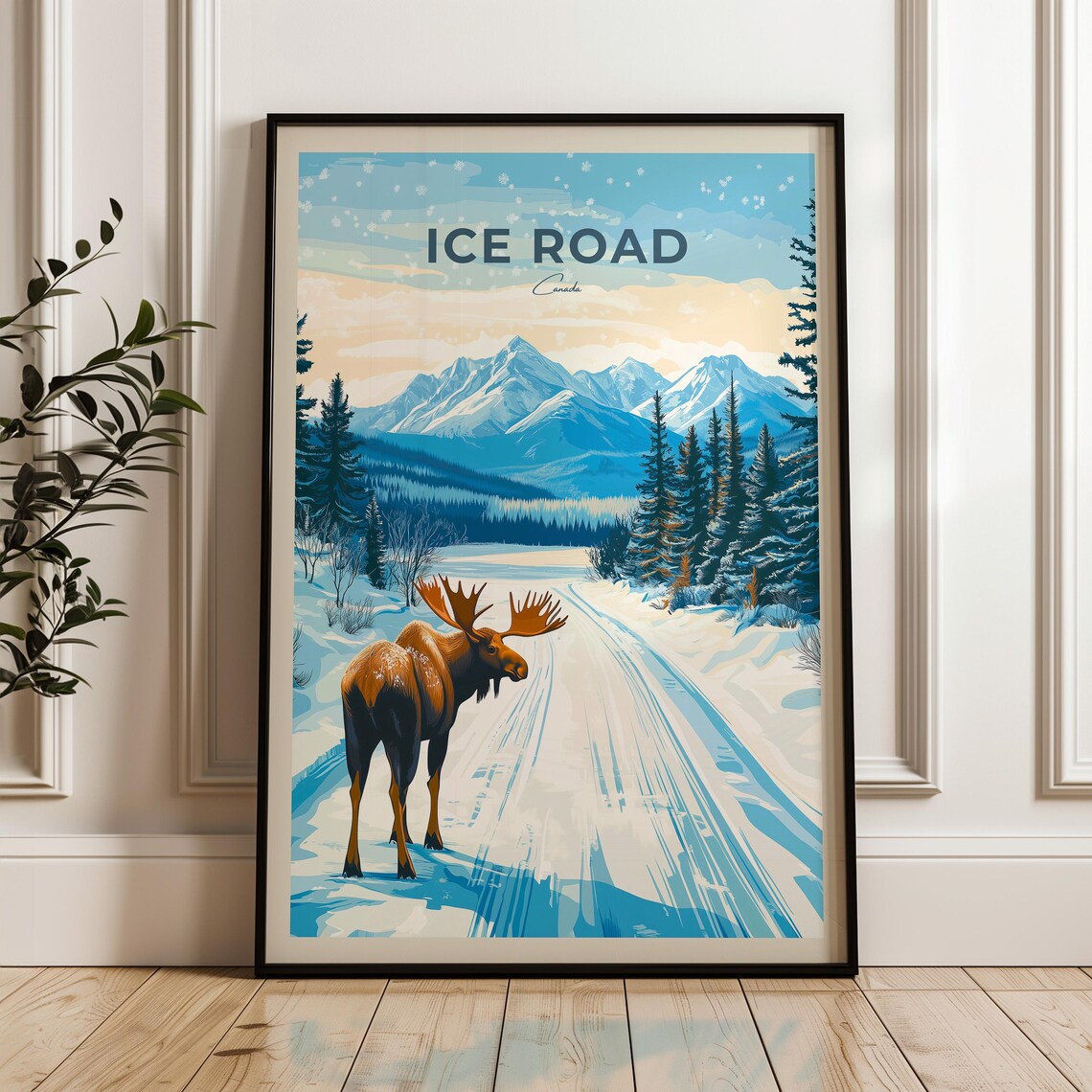 Ice Road Canada Winter Wildlife Moose Snowy Mountain Travel Poster