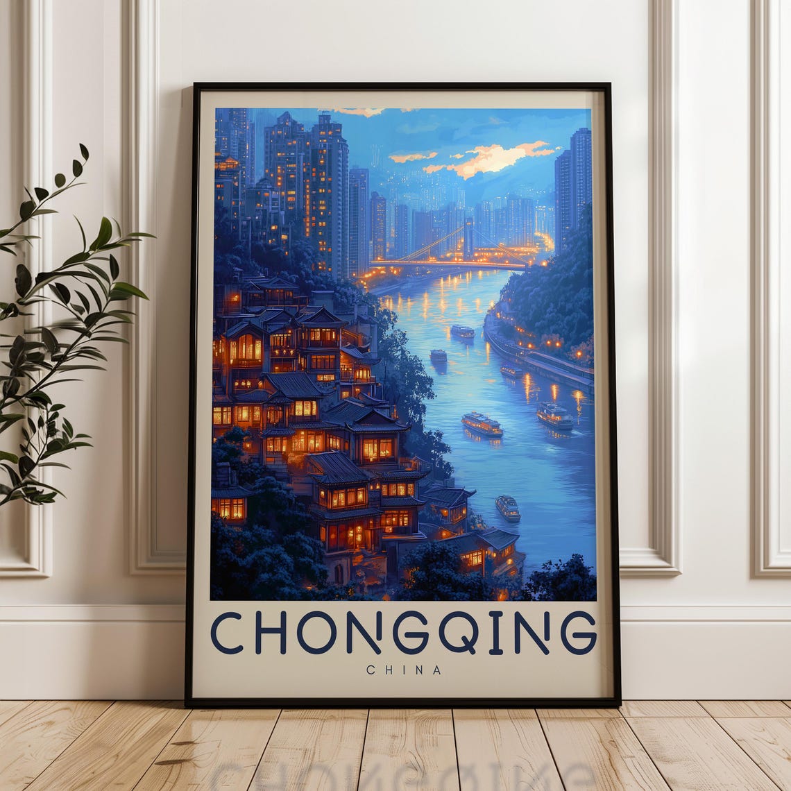 Chongqing China Night River Glowing Old Town Hillside Houses Poster