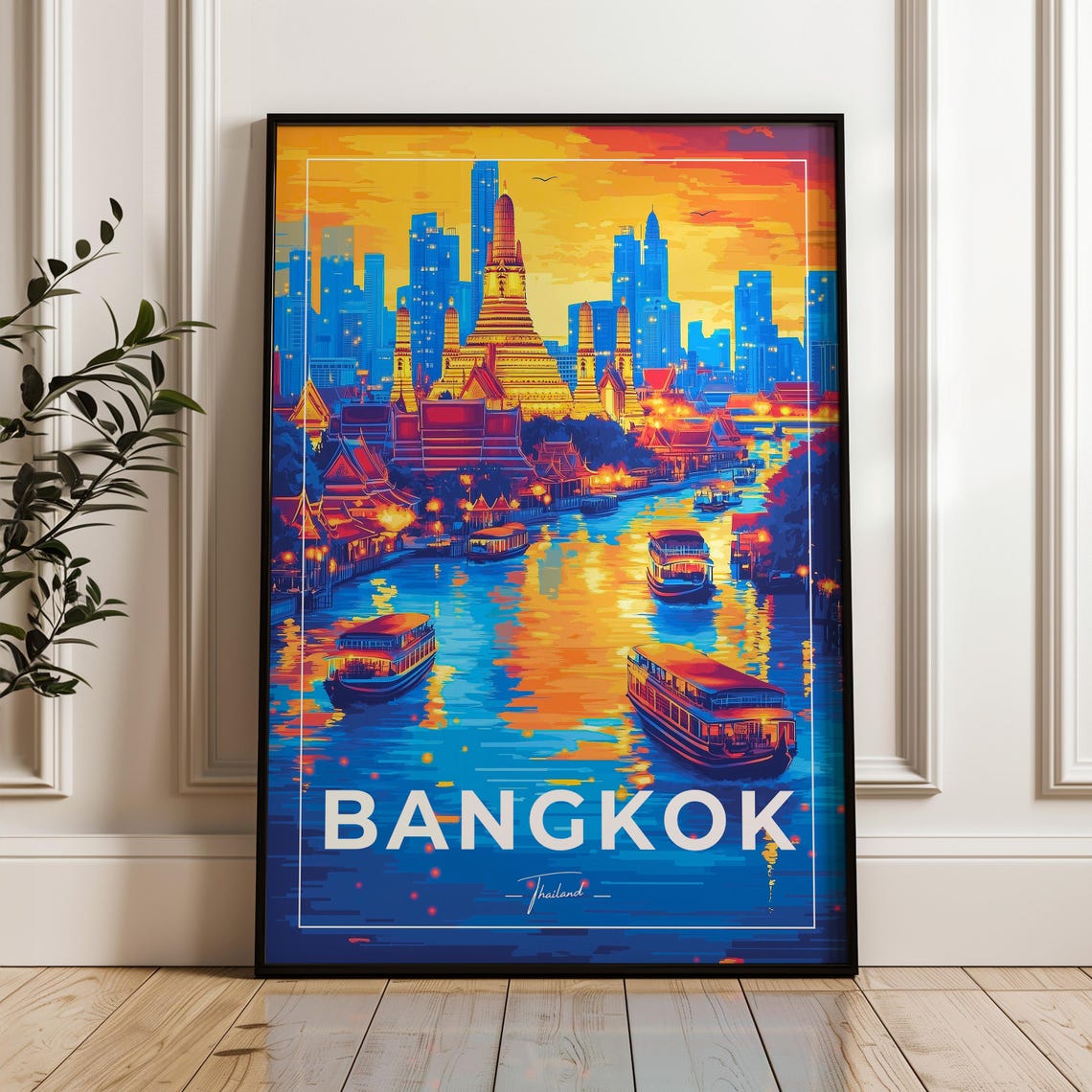 Bangkok Wat Arun at Sunset over the River Boats Thailand Travel Poster