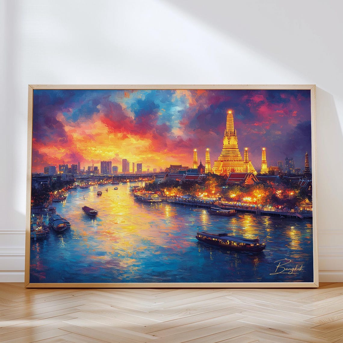 Bangkok Sunset Wat Arun Temple Golden River Skyline Art Poster