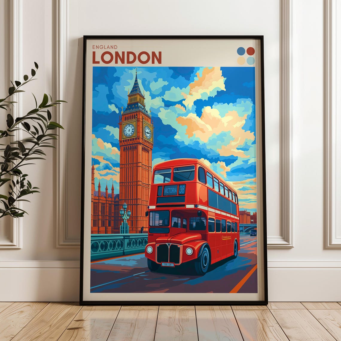 London Big Ben with a Red Double Decker Bus England Travel Poster