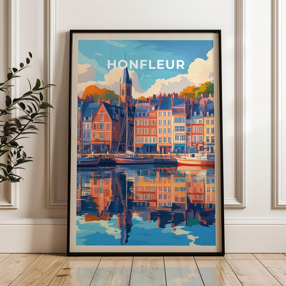 Honfleur France Harbor Reflection Tall Ships Colorful Houses Poster