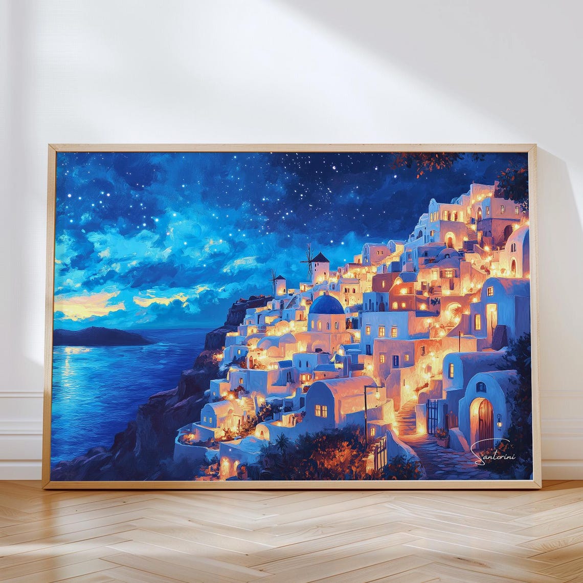 Santorini Oia Night Glowing Village Starry Greece Island Art Poster