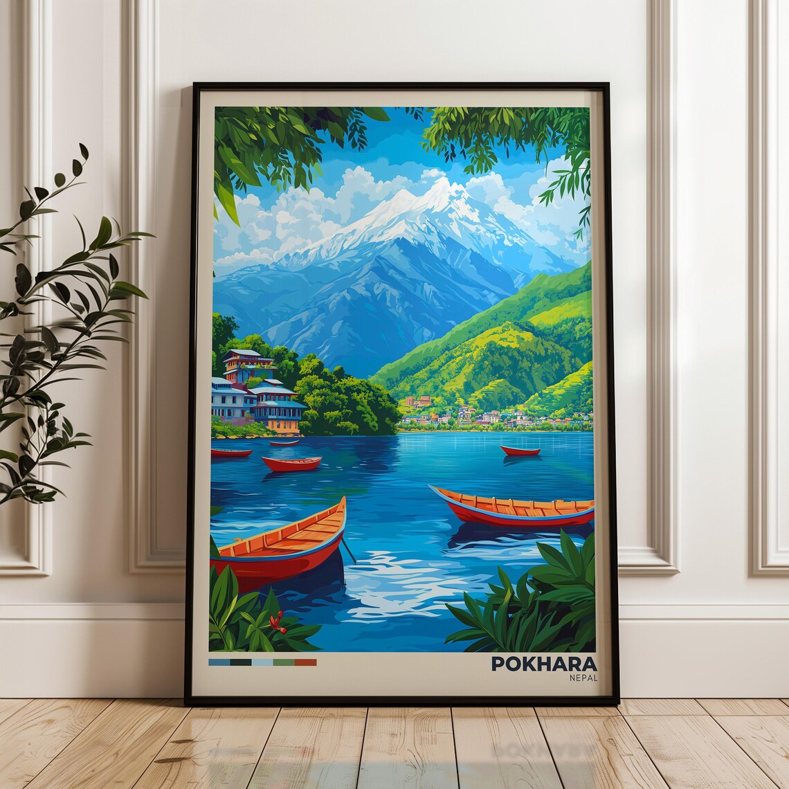 Pokhara Nepal Phewa Lake Boats Annapurna Vintage Travel Poster