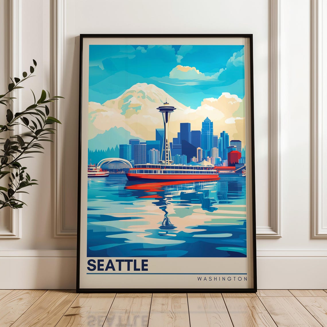 Seattle Washington Space Needle Ferry Harbor Vintage Travel Poster
