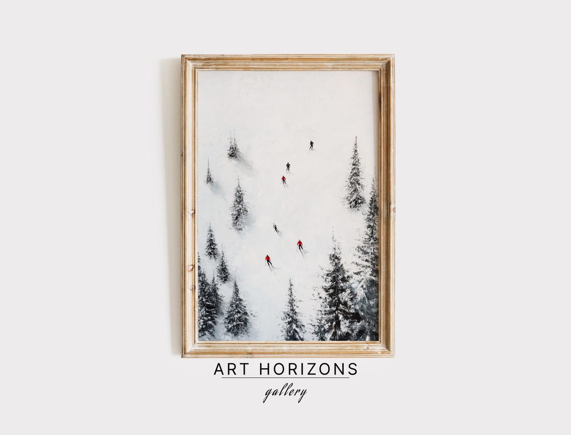 Skiers on Snowy Mountain Slope Aerial View Minimalist Ski Art Print