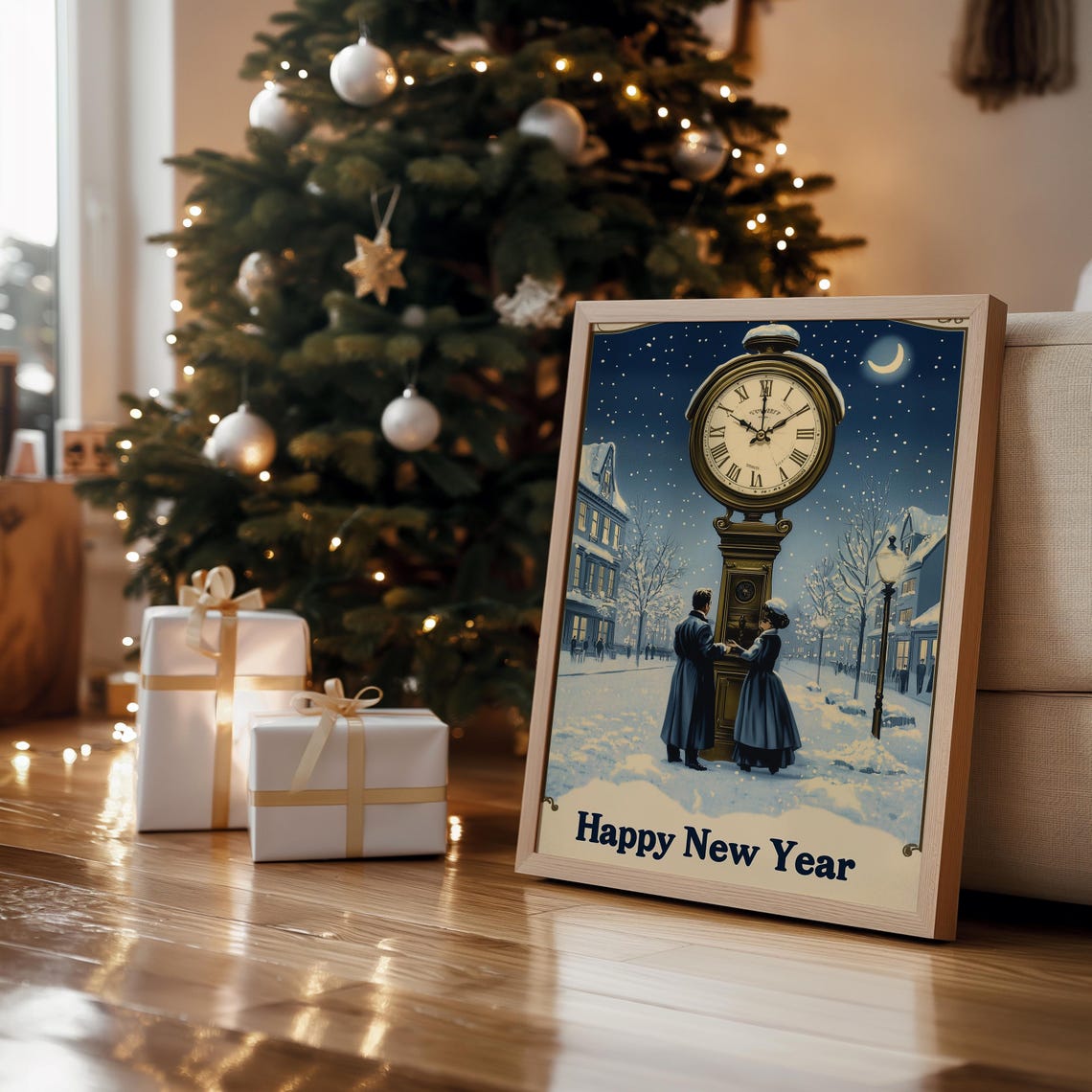 Happy New Year Vintage Postcard Clock Tower Midnight Snowy Town Print - Image 2