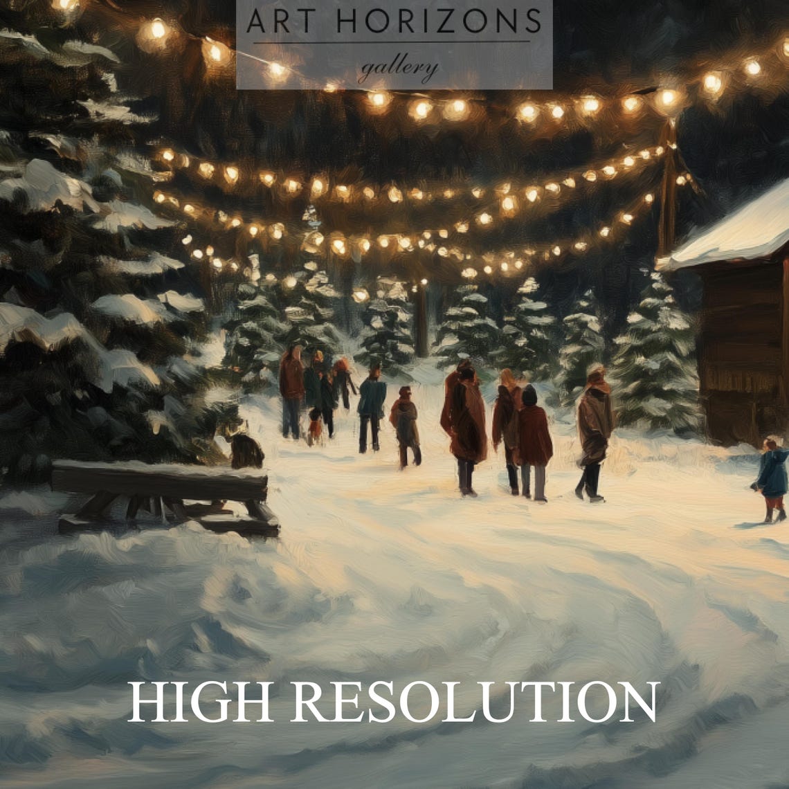 Christmas Tree Farm Night String Lights Snowy Pines Vintage Print - Image 3