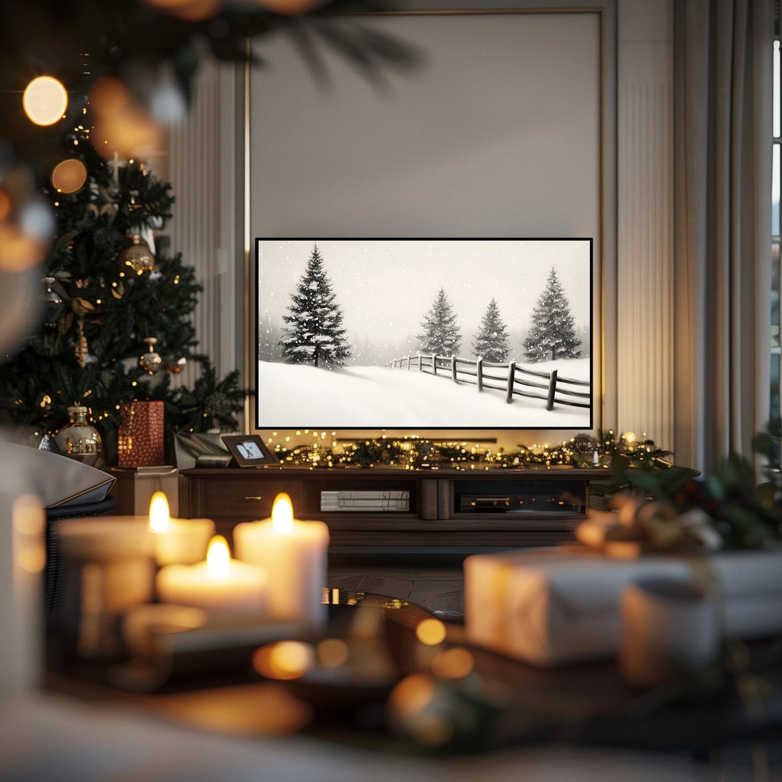 Snowy Pines Split Rail Fence Falling Snow Monochrome Winter Art Poster - Image 4