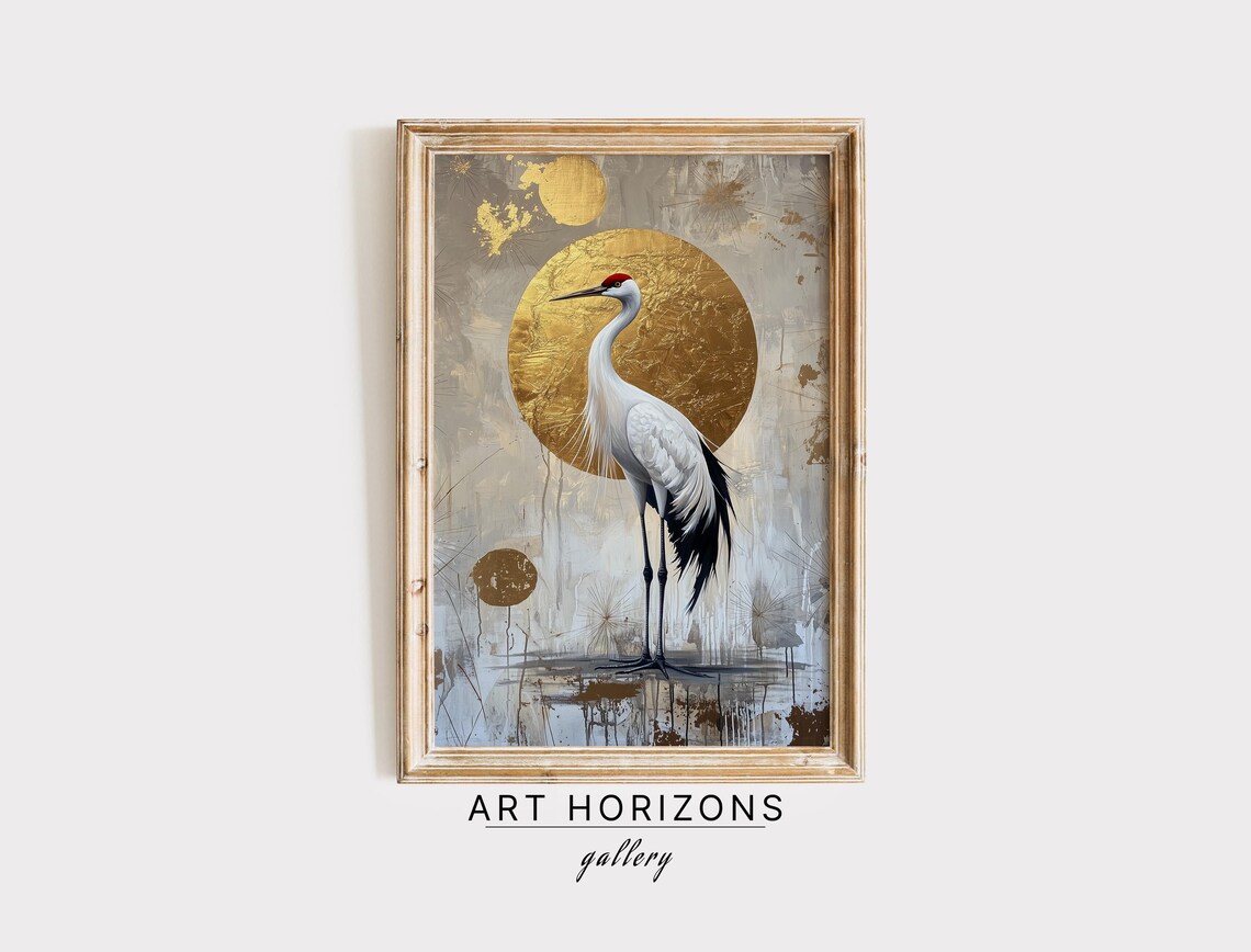 Japanese Crane Bird Painting, Wabi Sabi Art Print