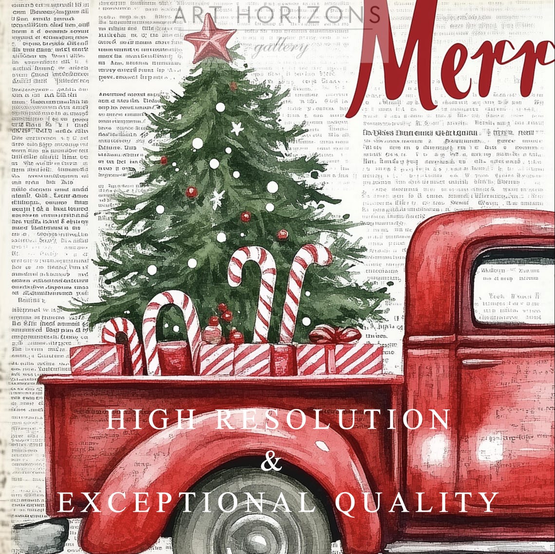 Merry Christmas Vintage Red Truck Tree Newspaper Background Print - Image 3