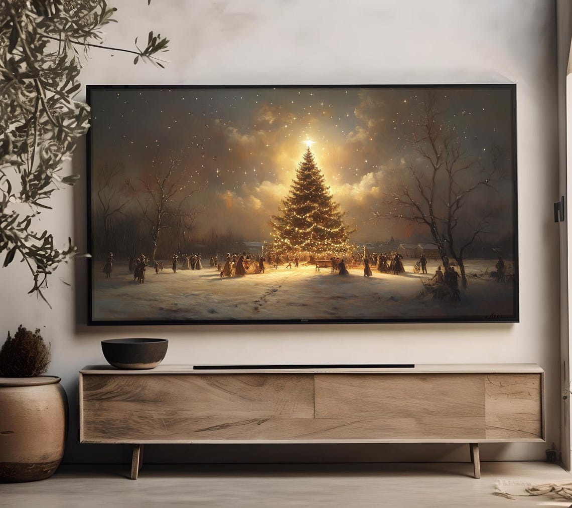 Christmas Tree Lighting Ceremony Snowy Square Night Crowd Print - Image 2