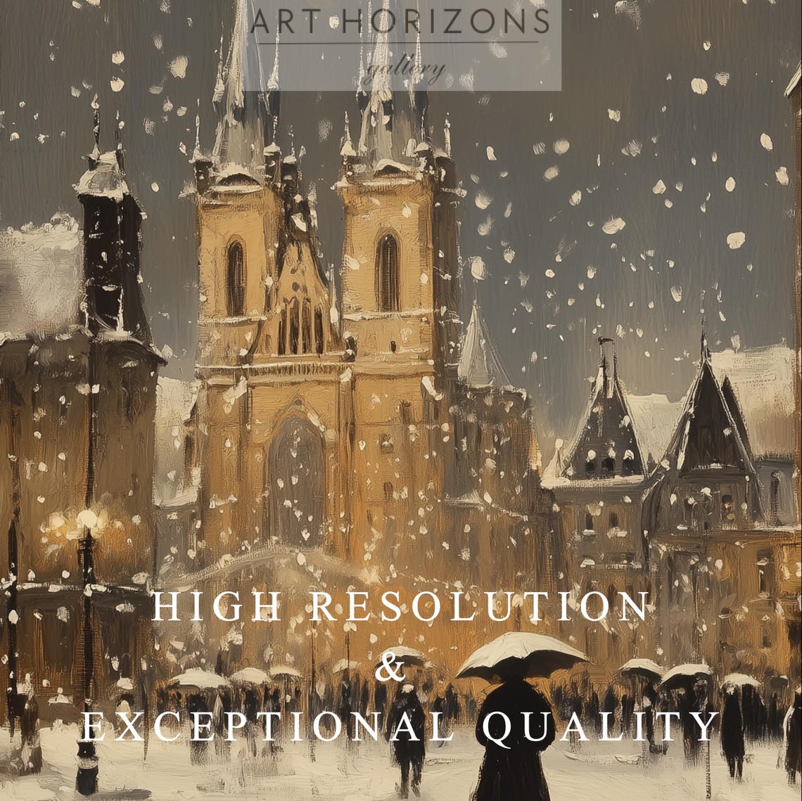 Snowy European Old Town Square Night Twin Spired Church Winter Poster - Image 3