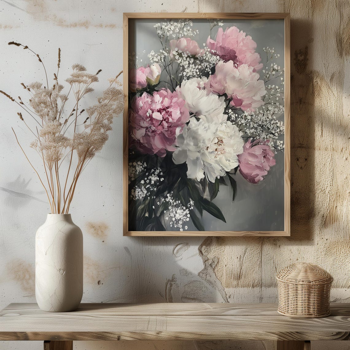 Pink And White Peonies With Baby Breath Lush Floral Bouquet Poster - Image 2