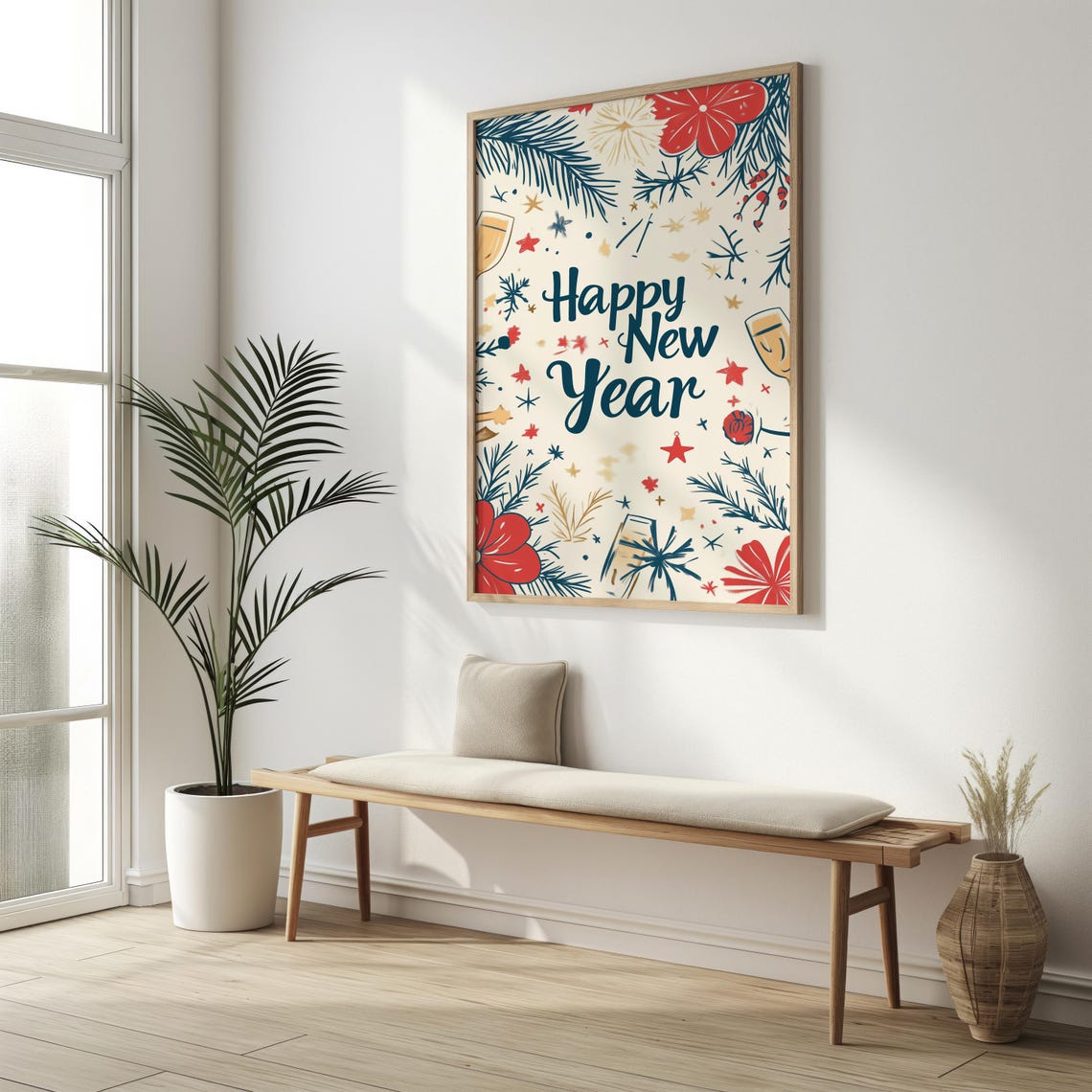 Happy New Year Retro Floral Champagne Celebration Illustration Print - Image 2