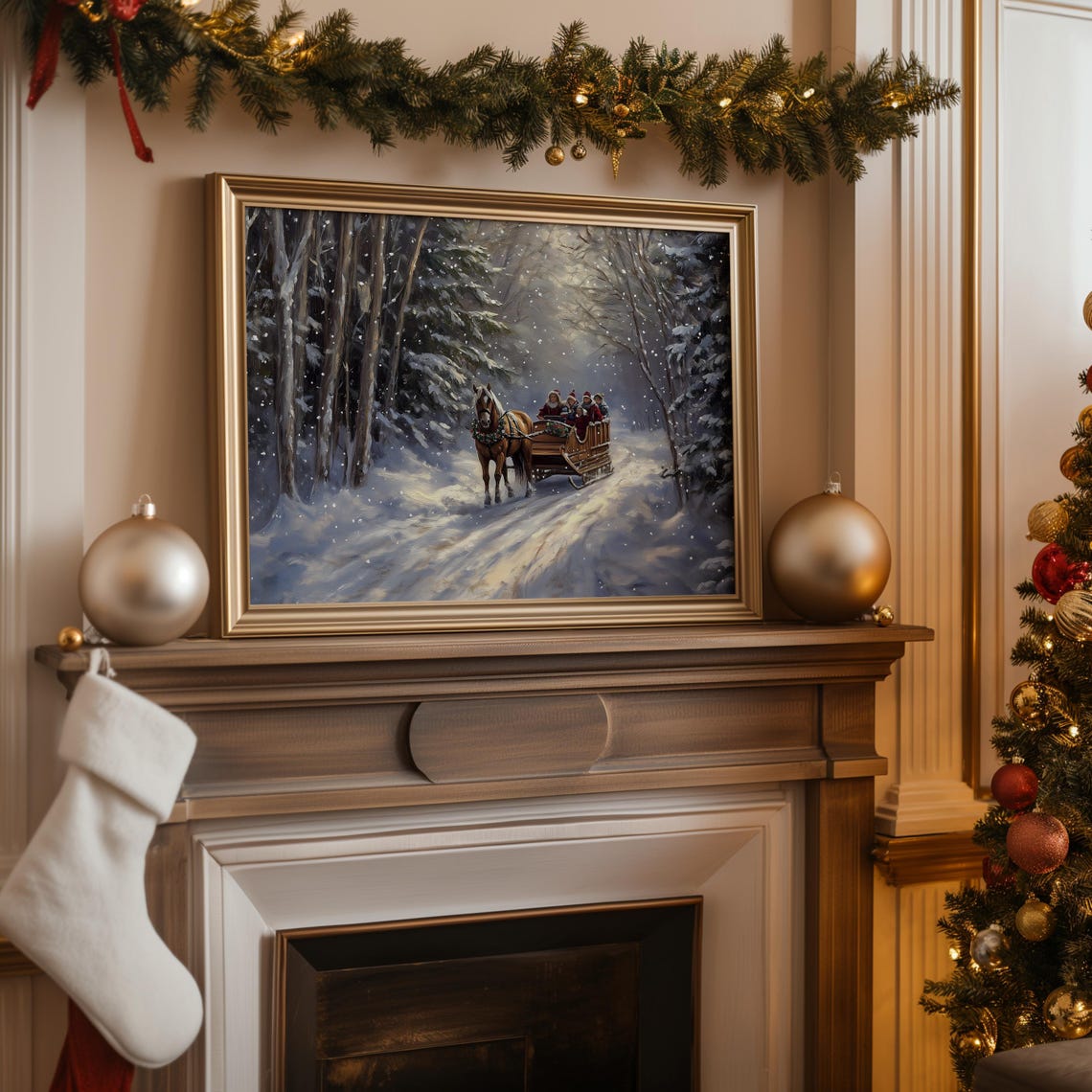 Country Winter Sleigh Ride Painting Wall Art Vintage Holiday Farmhouse Art Snowy Winter Horse Art Print A111 - Image 3