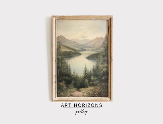 Serene Mountain Lake Pine Forest Misty Peaks Vintage Landscape Wall Art