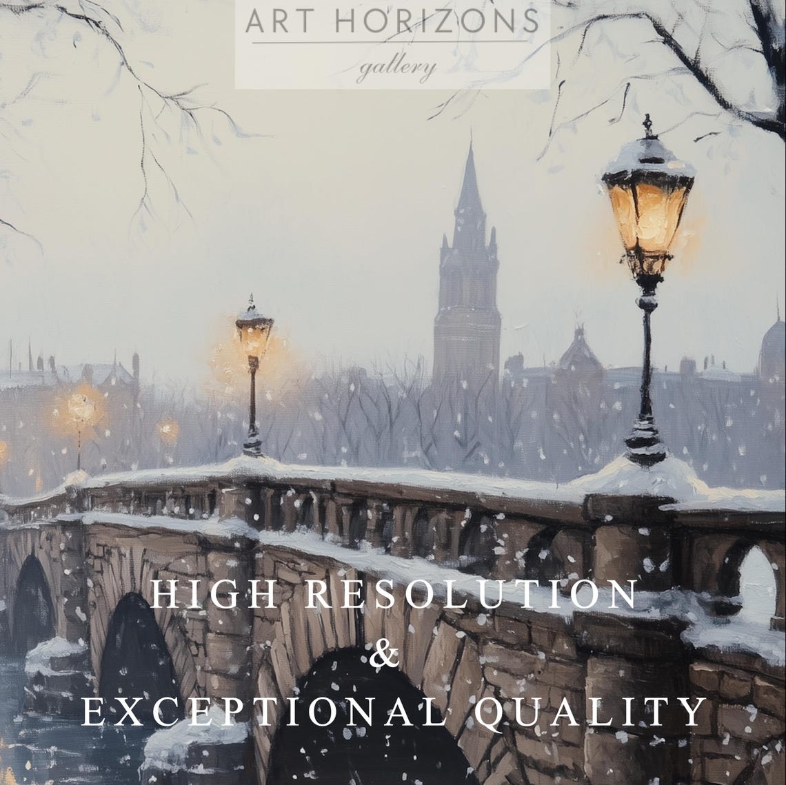 Snowy Stone Arch Bridge Frozen River Glowing Lamps Winter City Poster - Image 3