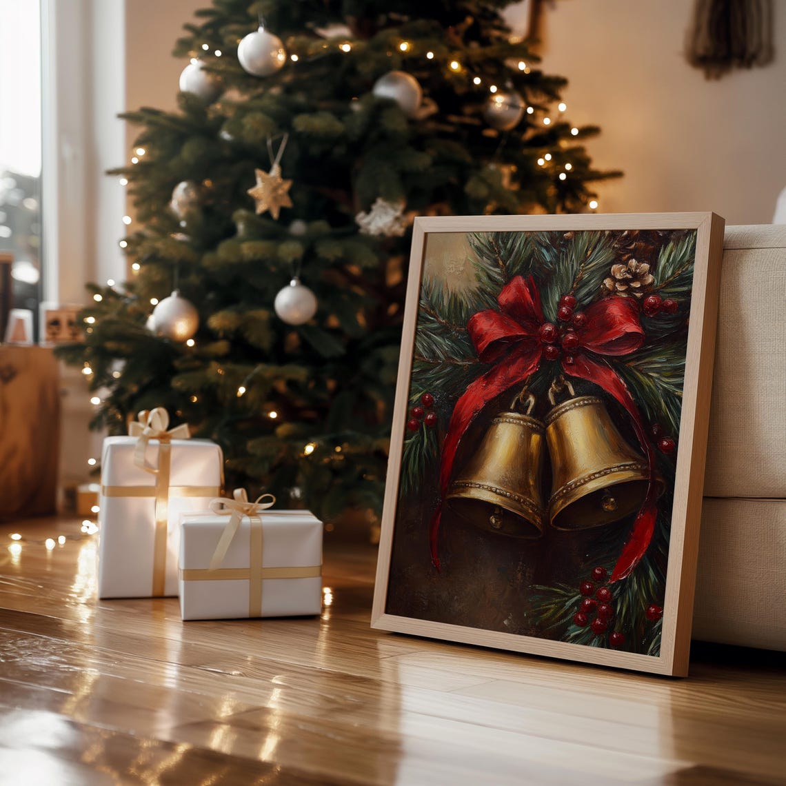 Golden Christmas Bells Red Ribbon Pine Berries Vintage Painting Print - Image 4