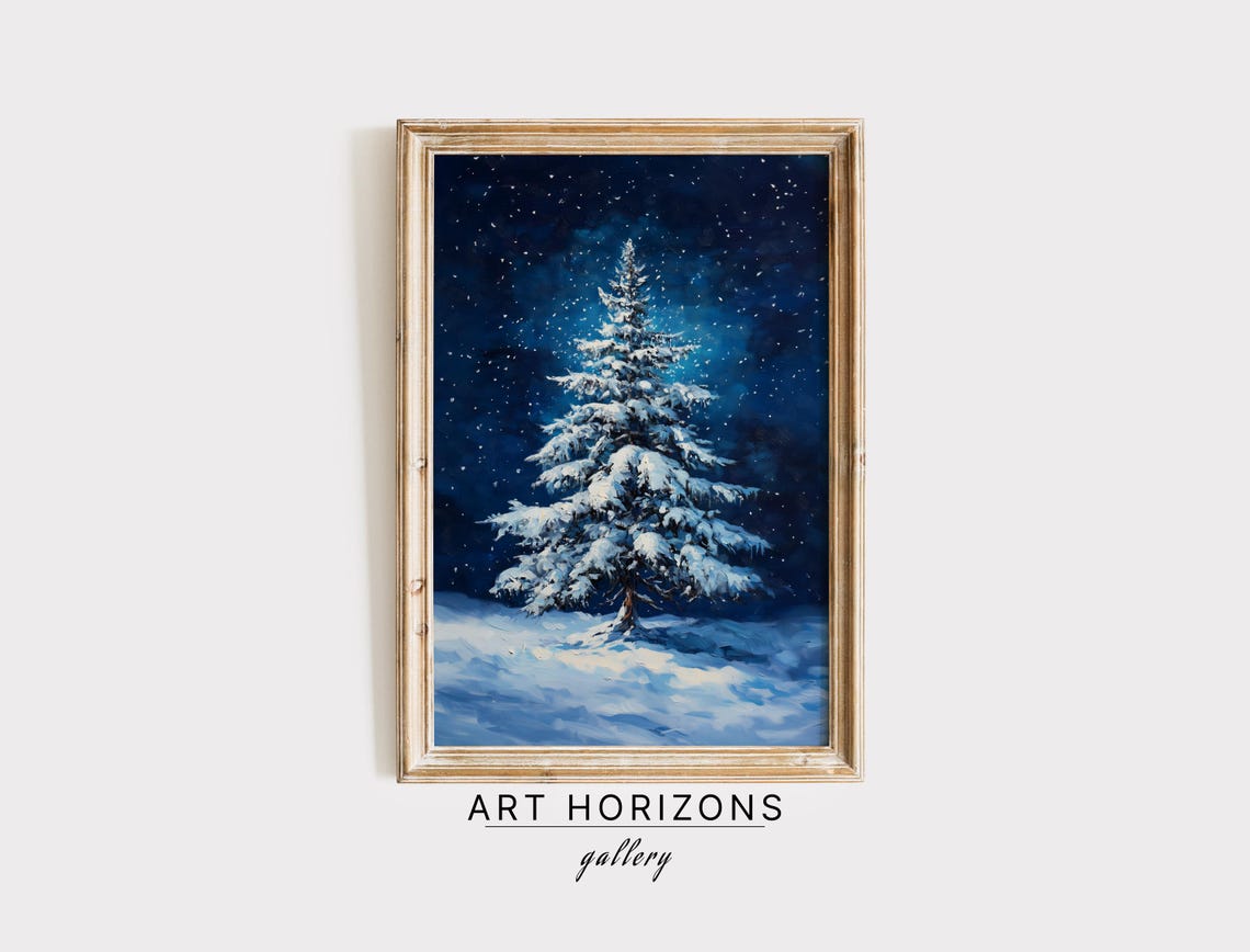 Snowy Pine Tree Starry Night Winter Oil Painting Holiday Decor Poster