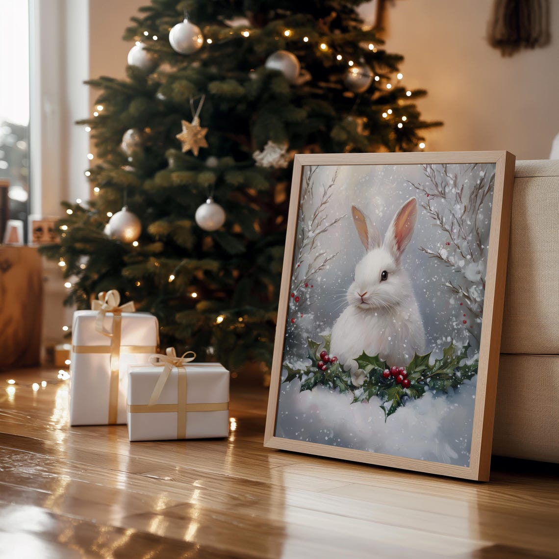 White Rabbit Snow Holly Red Berries Cozy Winter Animal Wall Art Print - Image 4