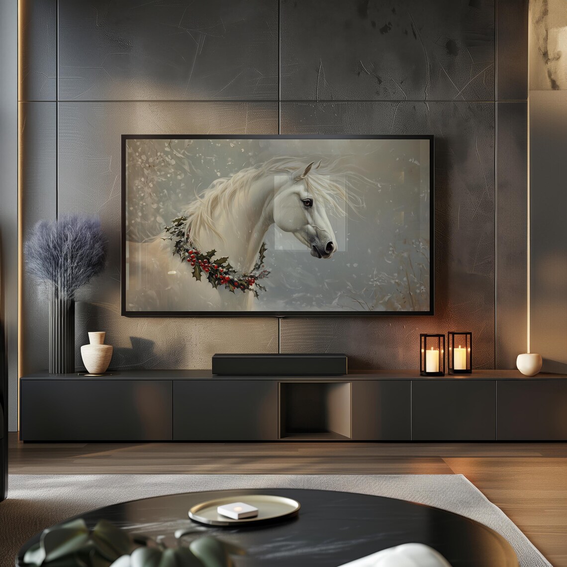 White Horse Holly Berry Garland Snowy Background Christmas Art Poster - Image 2