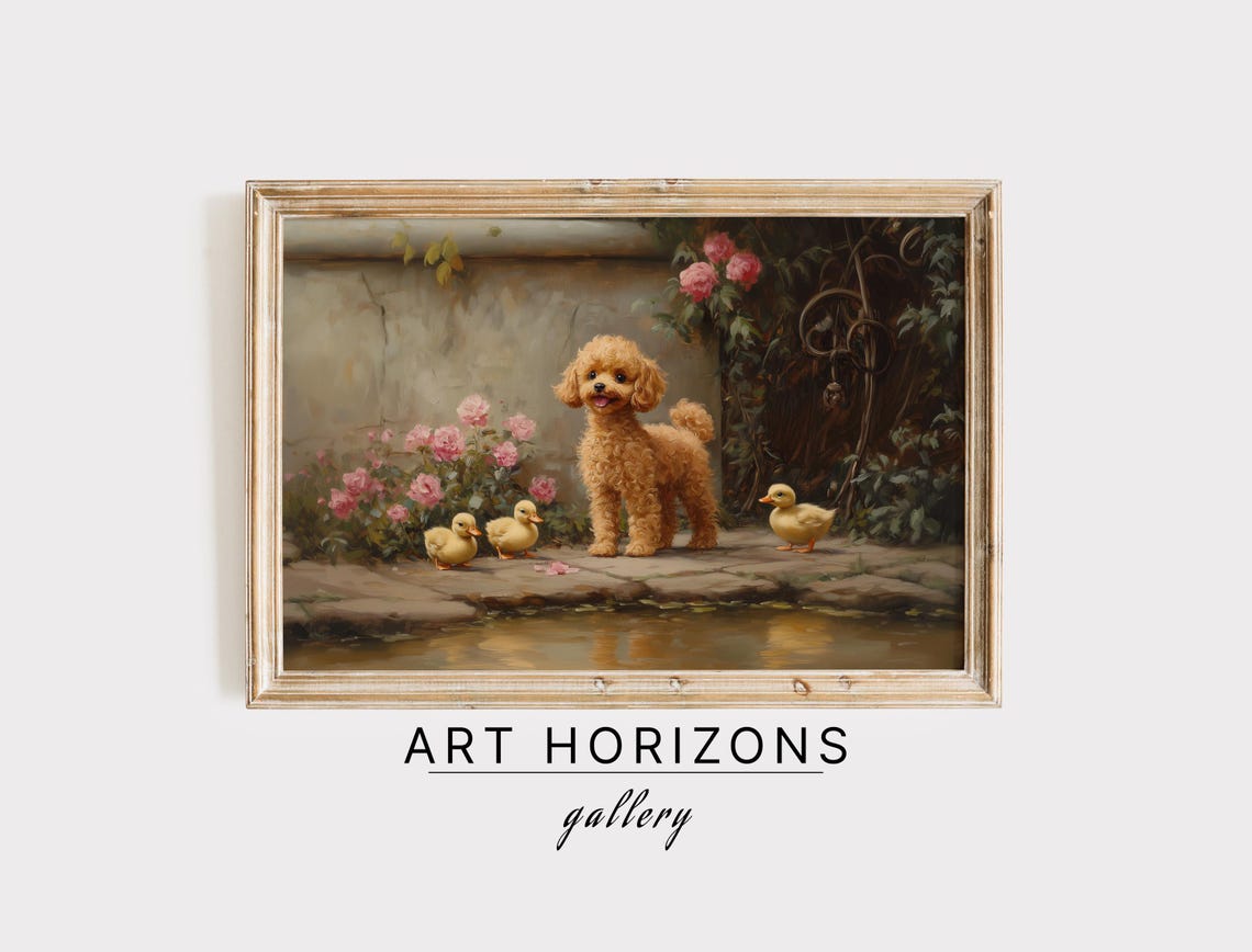 Apricot Poodle Puppy With Ducklings By A Pond Garden Painting Poster