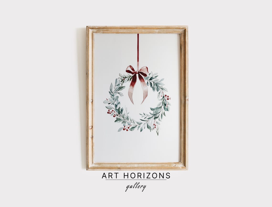 Watercolor Christmas Wreath Eucalyptus Berries Burgundy Ribbon Print