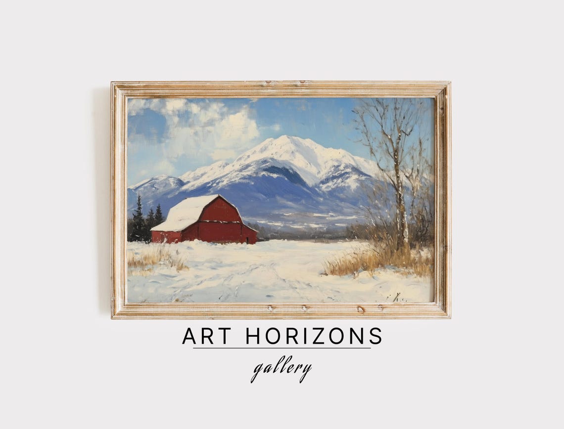 Red Barn In Snowy Field Before Snow Capped Mountains Blue Sky Poster
