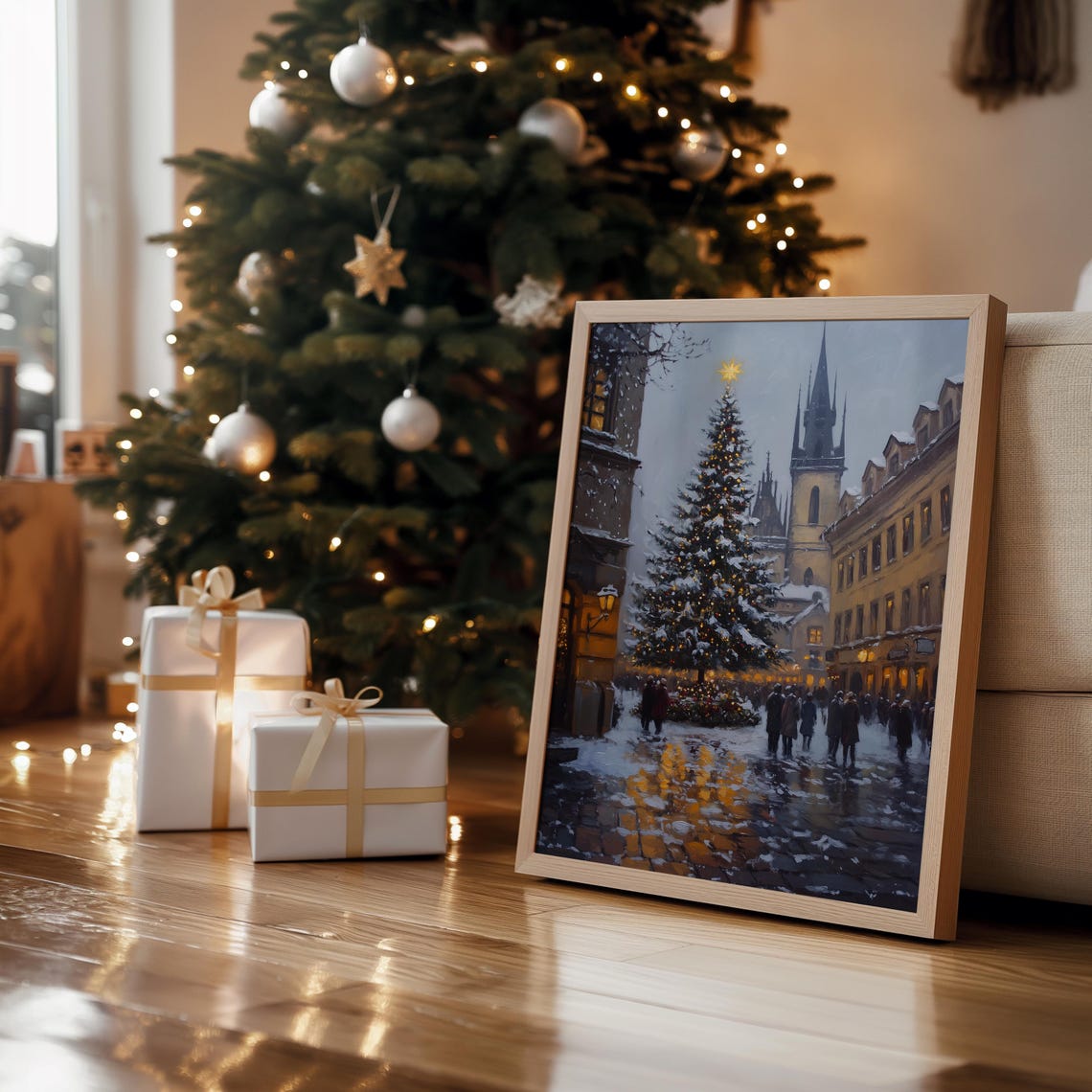 Old European Town Square Christmas Tree Snow Evening Travel Poster - Image 2