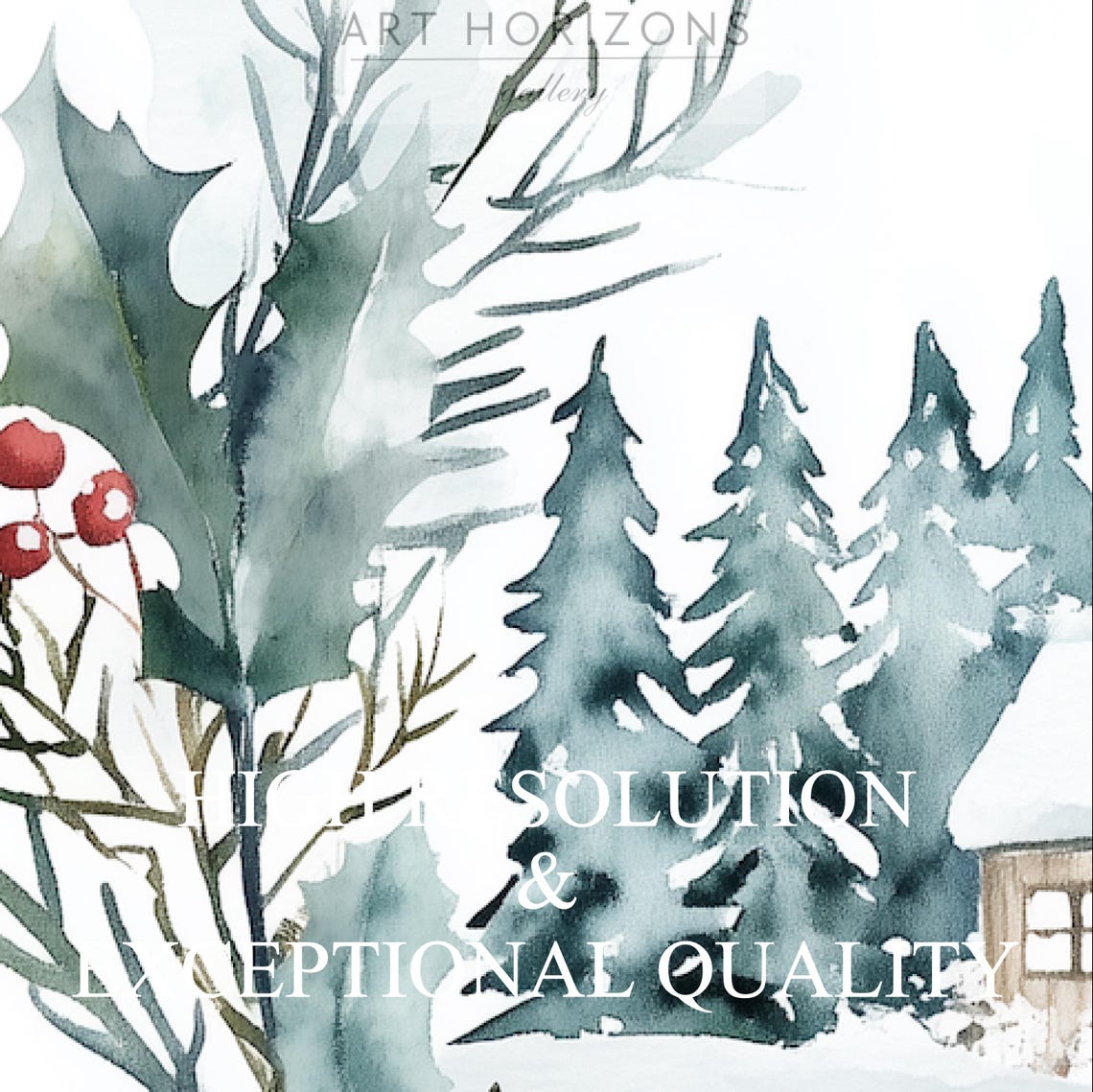 Happy Winter Watercolor Wreath Holly Cabin Snowy Scene Print - Image 3