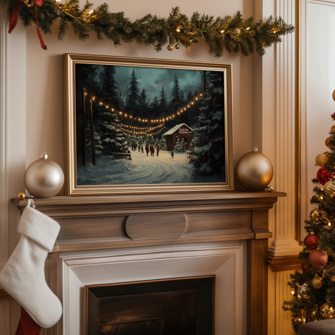 Christmas Village Wall Art Farmhouse Christmas Tree Print Winter Forest Oil Painting Country Christmas Holiday Home Decor A85 - Image 4