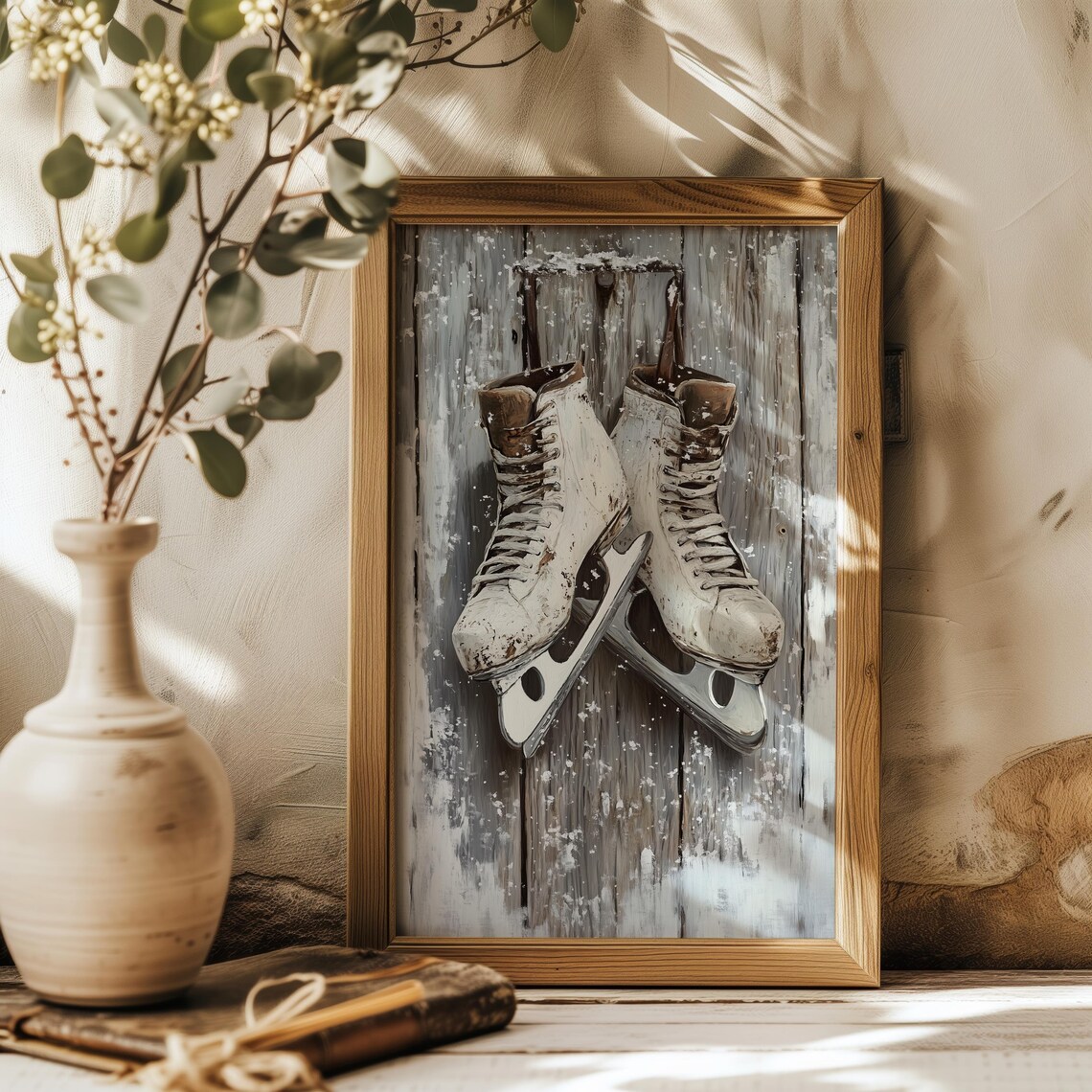 Vintage White Ice Skates Hanging On Wooden Door Winter Art Poster - Image 3