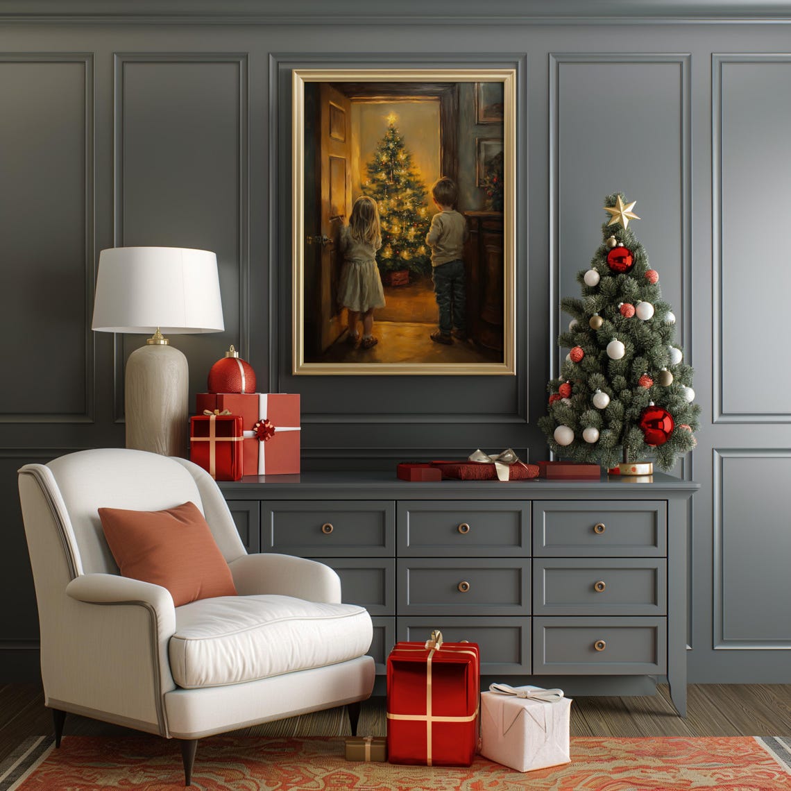 Two Children Peeking at Glowing Christmas Tree Doorway Art Print - Image 3