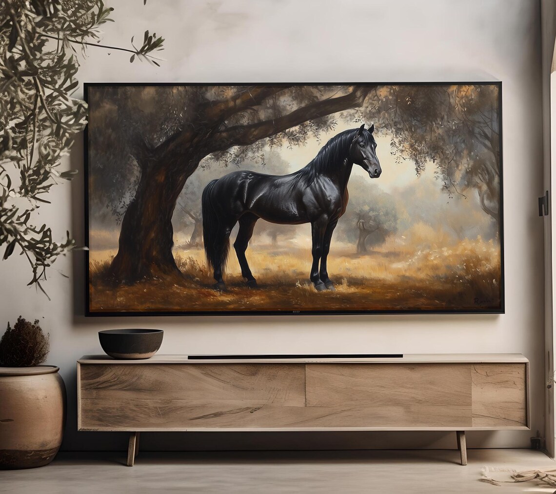 Black Horse Standing Under Trees In Golden Mist Oil Painting Poster - Image 4