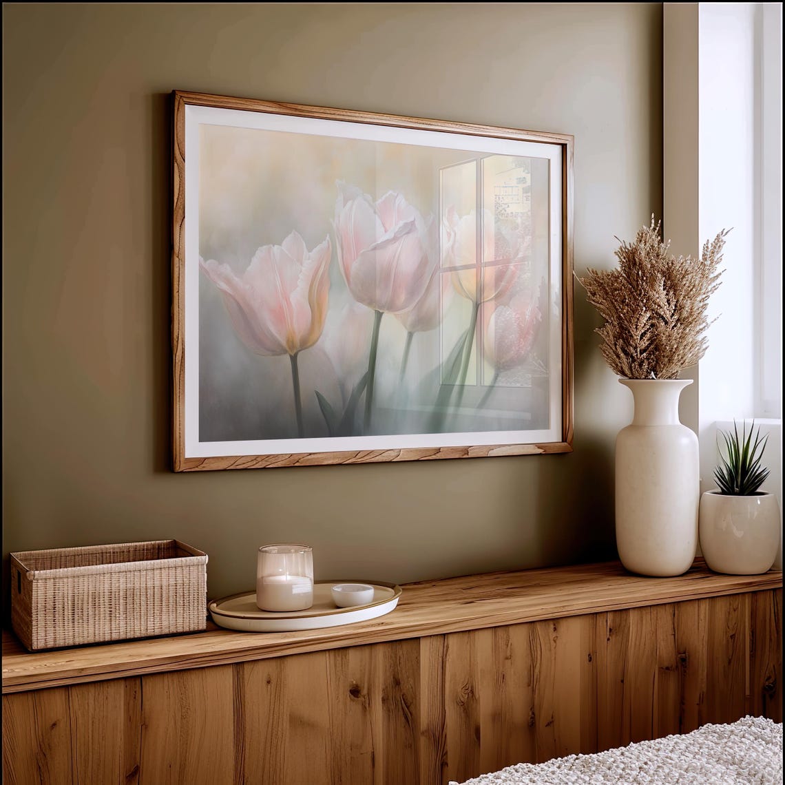 Pale Pink Tulips In Soft Misty Light Dreamy Floral Oil Painting Poster - Image 4