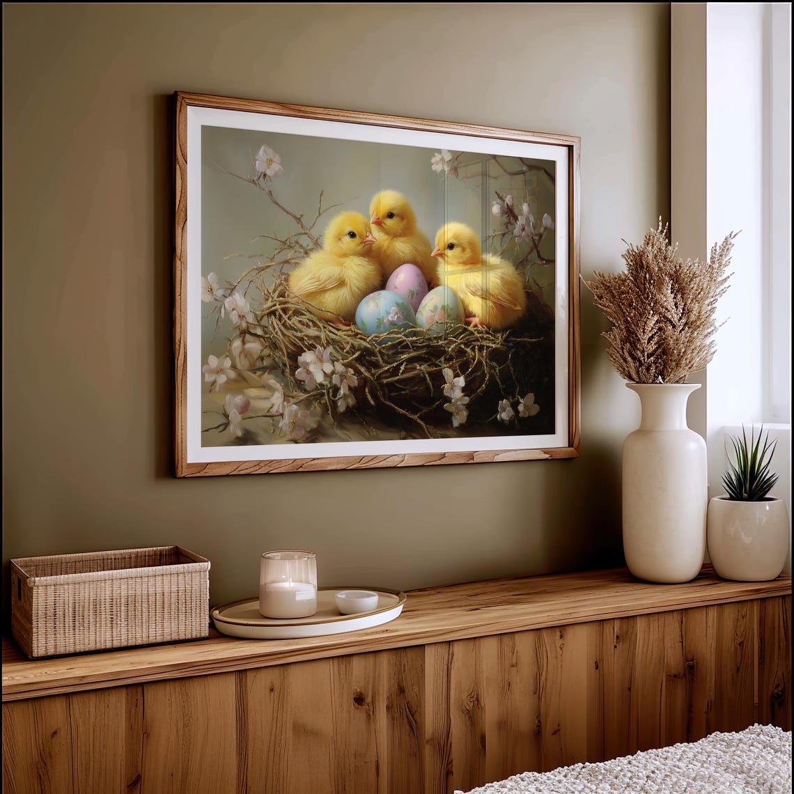 Baby Chicks Nest Easter Eggs Spring Blossom Vintage Animal Art Poster - Image 4
