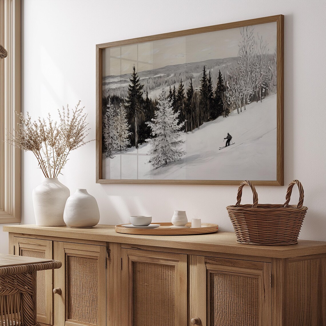 Snowy Winter Landscape Art Print Skier Abstract Oil Painting Vintage Nordic Farmhouse Art Wall Art A197 - Image 4