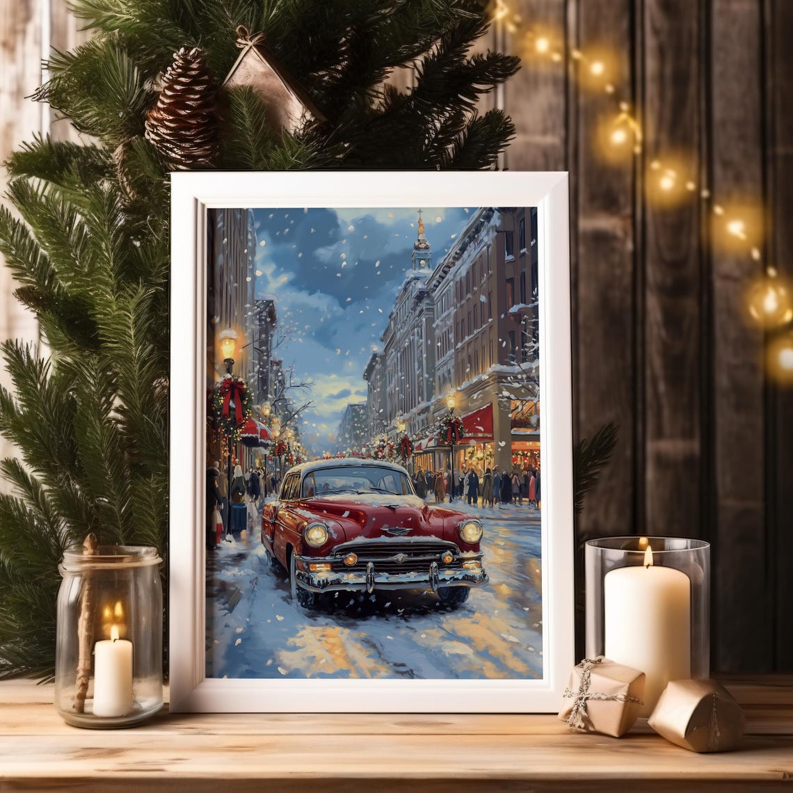Vintage Red Car Snowy City Street Christmas Lights Evening Poster - Image 4