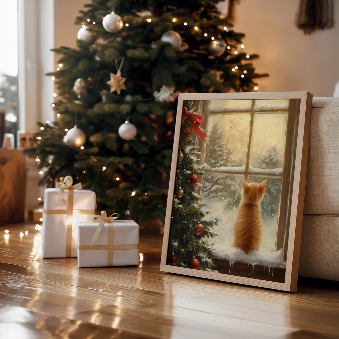 Ginger Kitten on Snowy Windowsill Christmas Tree Holiday Art Print - Image 2
