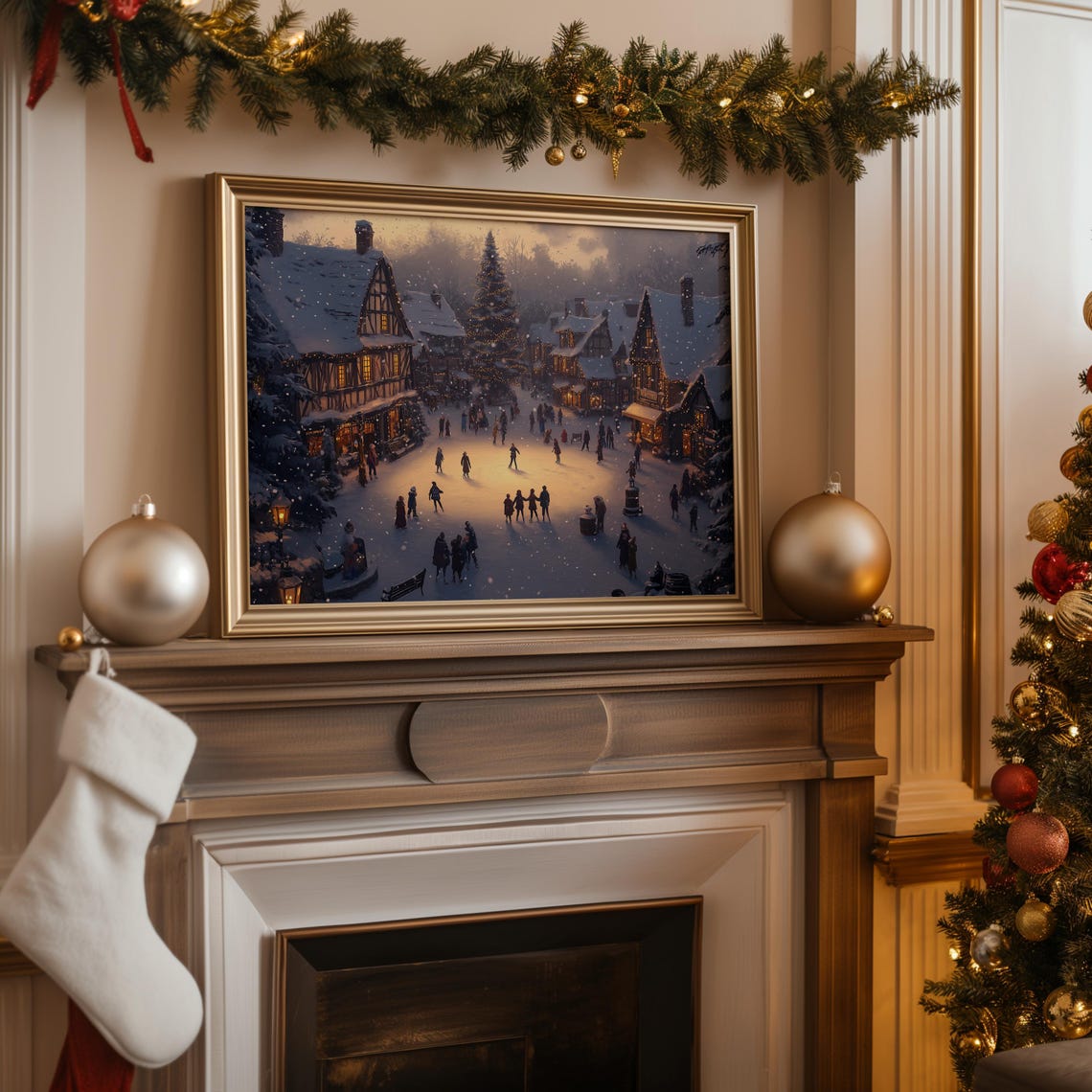 Snowy Christmas Village Square Night Tree Skaters Vintage Wall Art - Image 2