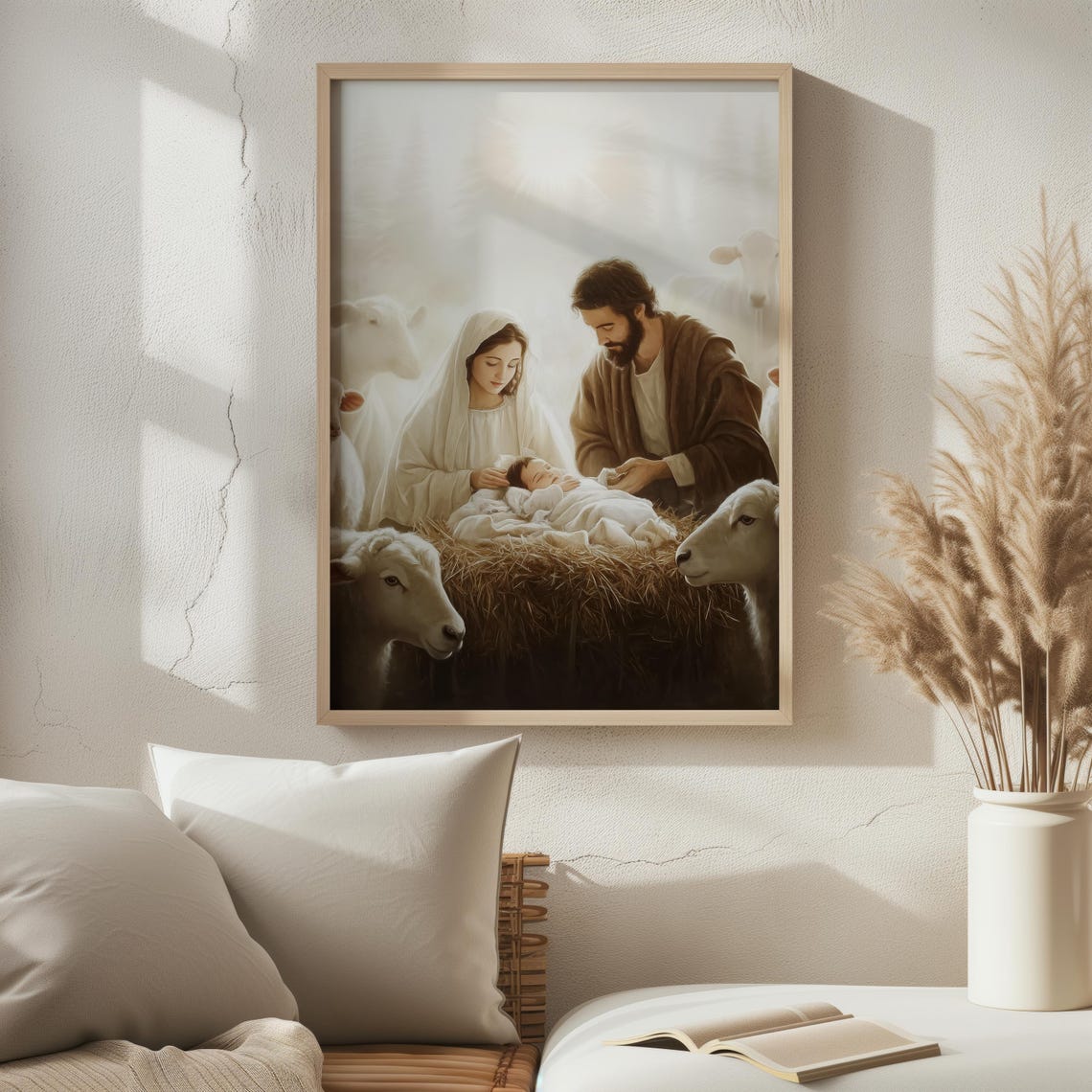 Holy Family Nativity Manger Sheep Soft Light Christmas Painting Print - Image 4
