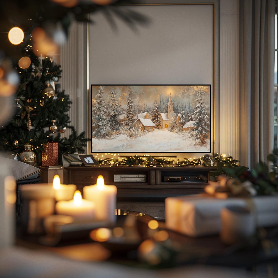 Christmas Winter Village Frame Tv Art Winter Landscape Oil Painting For Frame Tv Vintage Neutral Holiday Decor Art Tv67 - Image 4