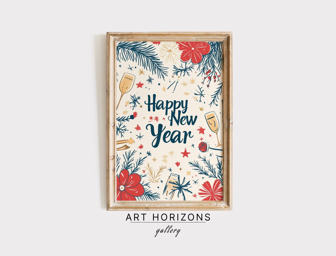 Happy New Year Retro Floral Champagne Celebration Illustration Print