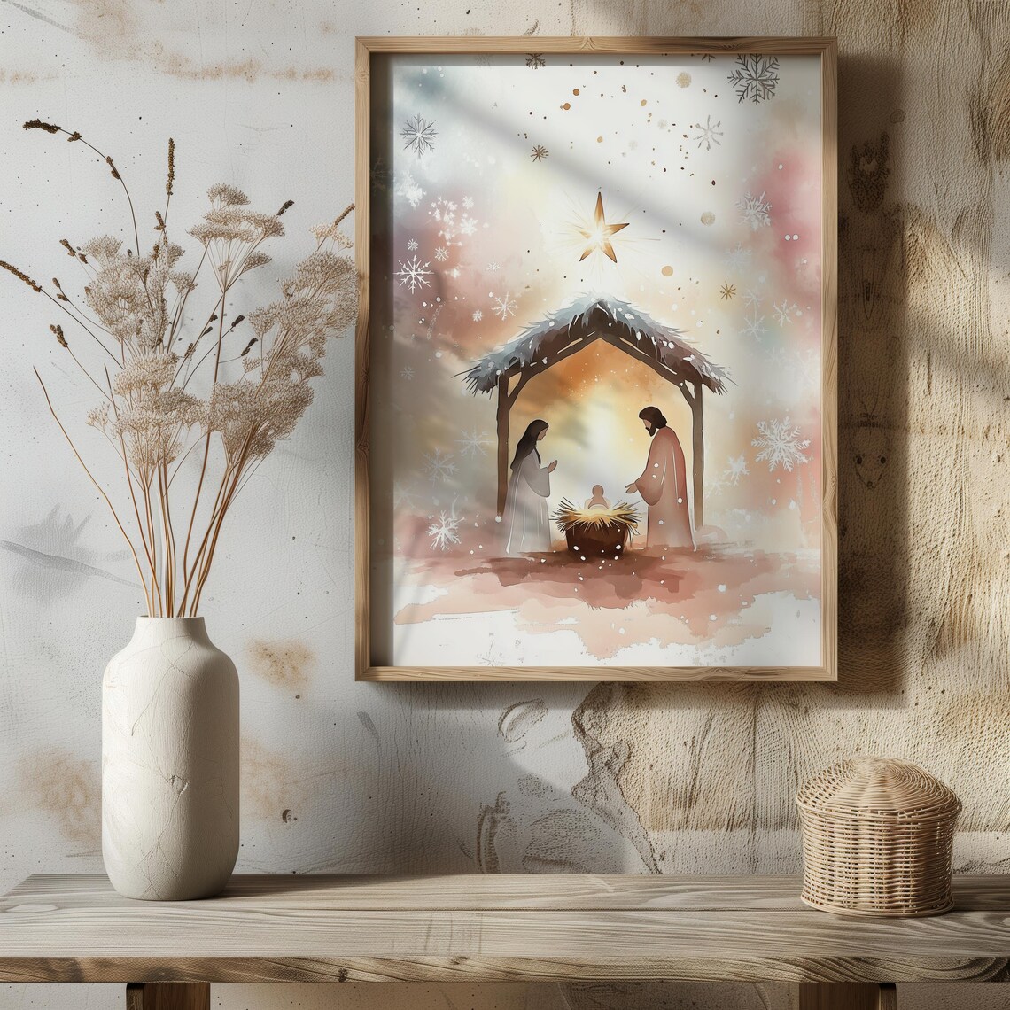 Nativity Scene Birth of Jesus Starry Snow Watercolor Christmas Print - Image 3